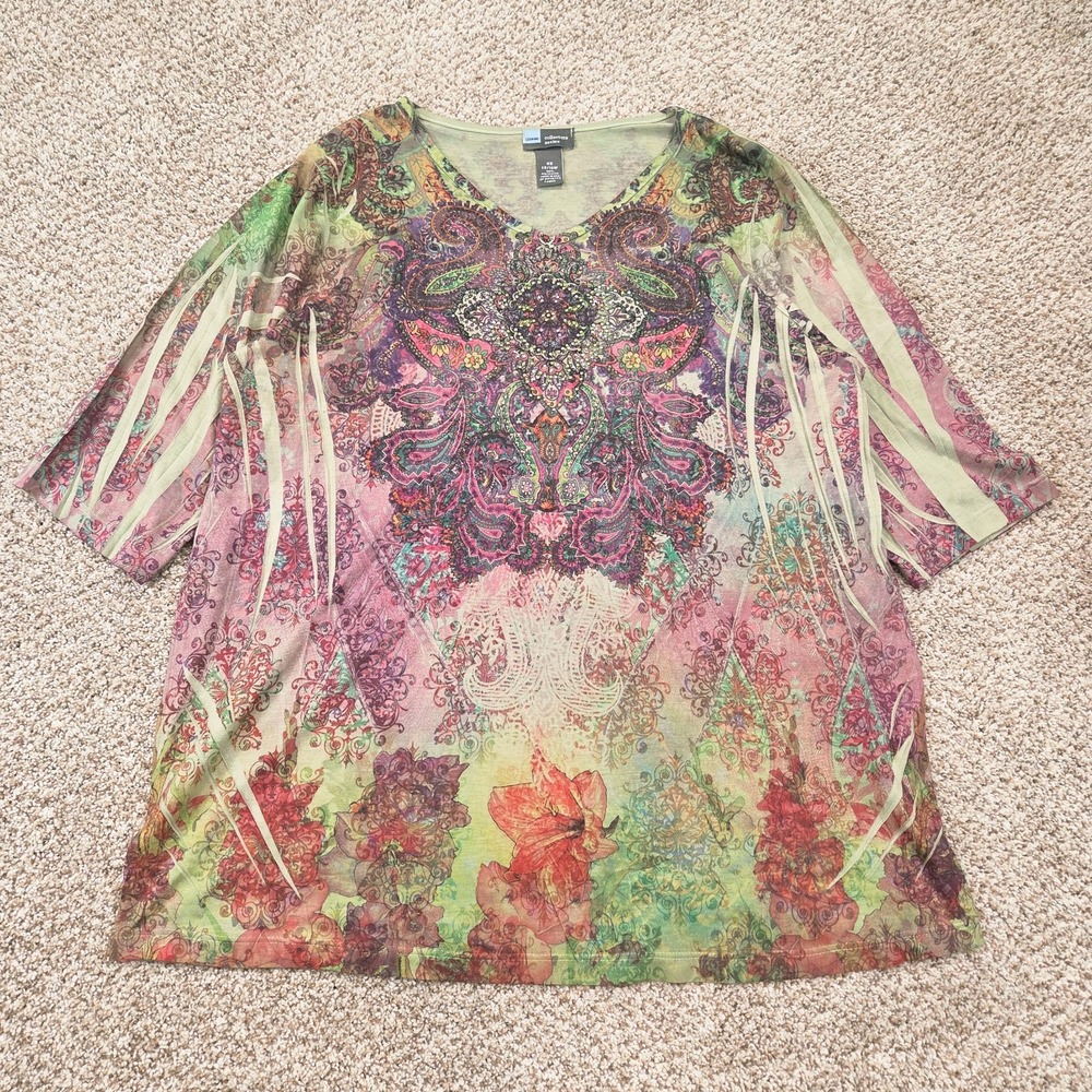 Liz & Me Catherines Top Womens 0X 14/16W Green Purple Abstract Fairy Rhinestones